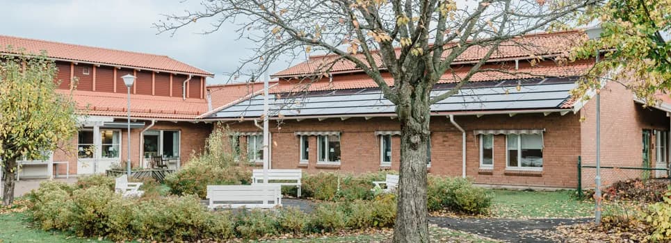 En byggnad med ett träd och bänkar framför.