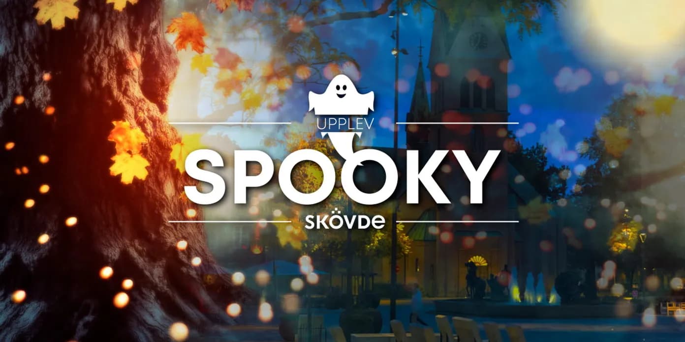 Vy över Hertig Johans torg med texten "Spooky Skövde"