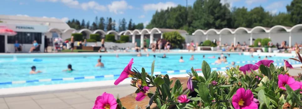 En swimmingpool med en bukett blommor i förgrunden.